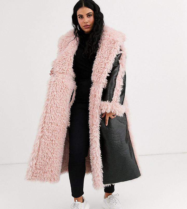 Asos Design Curve Vinyl Paneled Maxi Coat In Black And Pink