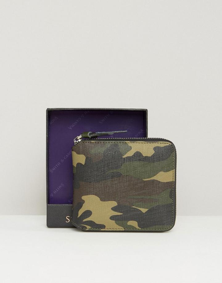 Smith And Canova Zip Round Leather Wallet In Camo - Green