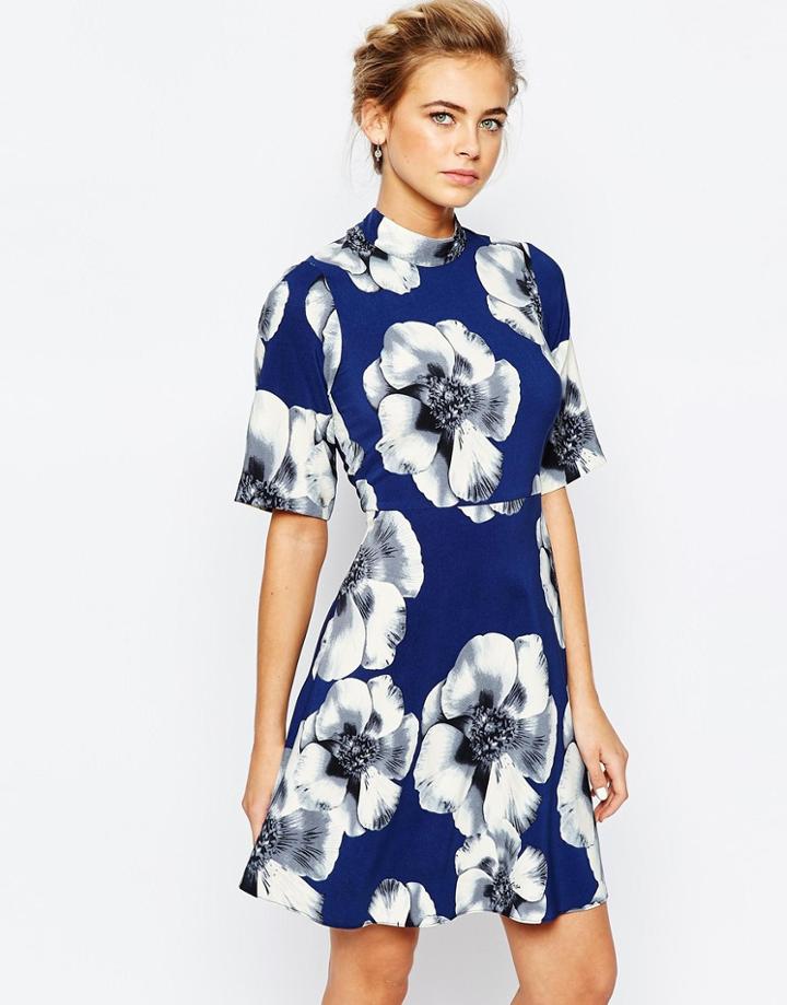 Closet A-line Mini Dress In Overscale Floral With Kimono Sleeve - Navy Floral