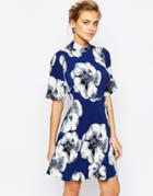Closet A-line Mini Dress In Overscale Floral With Kimono Sleeve - Navy Floral