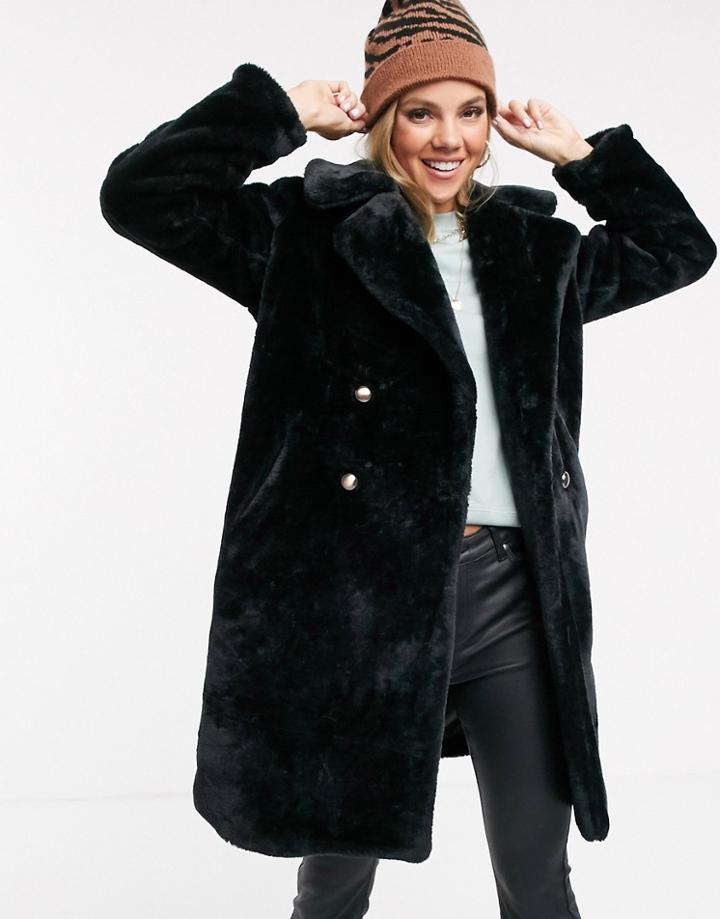 Qed London Faux Fur Midi Coat With Double Button Detail