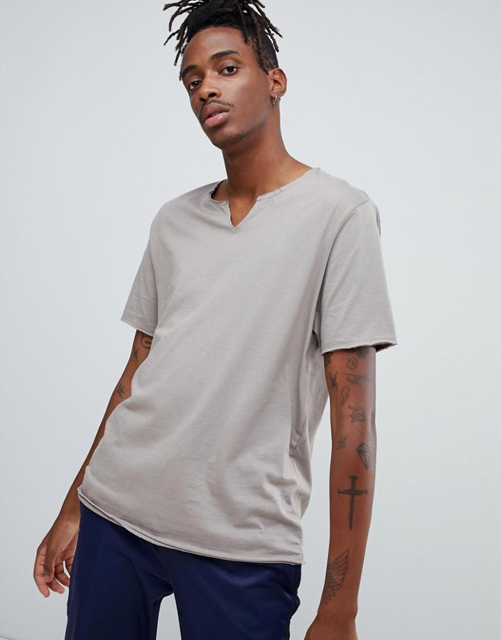 Asos Design Relaxed Fit T-shirt With Raw Notch Neck In Beige - Beige