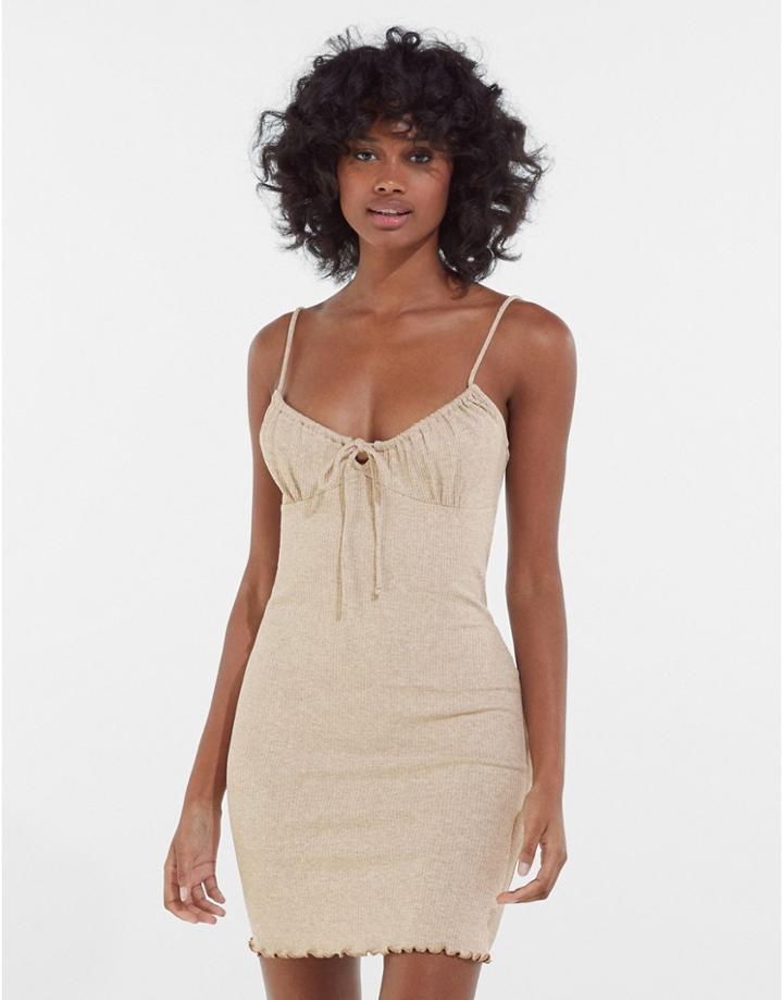 Bershka 90s Cami Dress With Lettuce Hem In Oatmeal-neutral