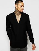 Asos Black Shirt In Viscose With V Neck And Long Sleeves - Black