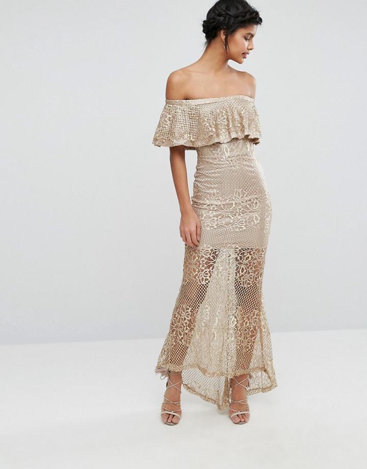 Love Triangle Off Shoulder Lace Maxi Dress - Gold