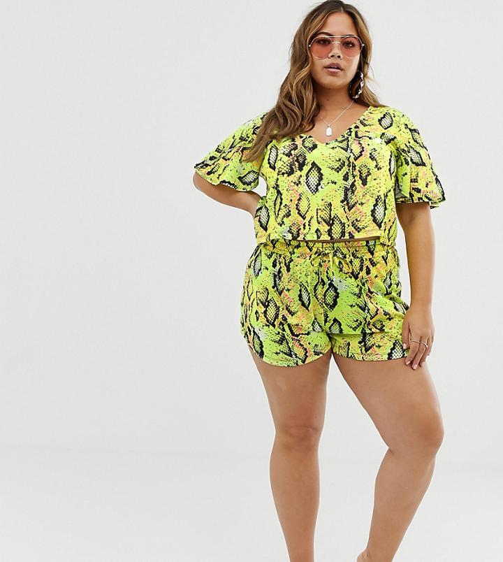 Asos Design Curve Neon Snake Print Jersey Beach Shorts Two-piece - Multi