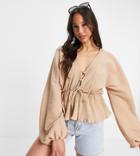 Asos Design Tall Natural Crinkle Lace Up Front Top In Tan-black
