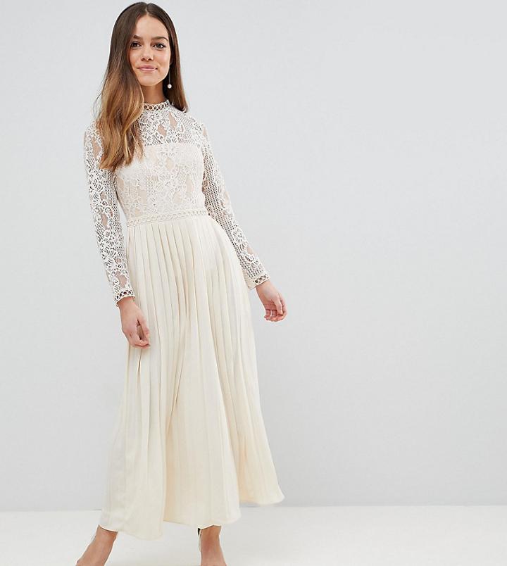 Little Mistress Petite Sheer Lace Top Midaxi Dress With Pleated Skirt - Cream