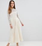 Little Mistress Petite Sheer Lace Top Midaxi Dress With Pleated Skirt - Cream