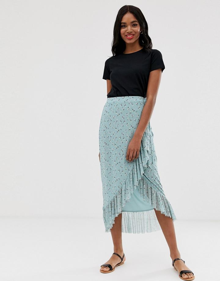 New Look Mesh Midi Wrap Skirt In Blue Pattern - Blue