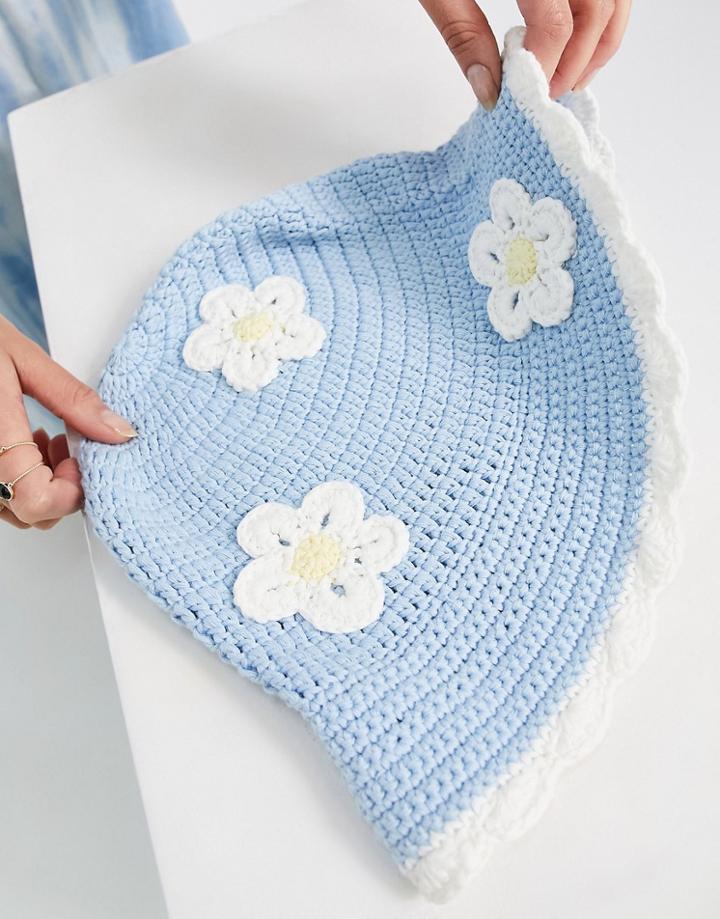 Asos Design Crochet Bucket Hat With Daisy Embroidery In Blue-blues