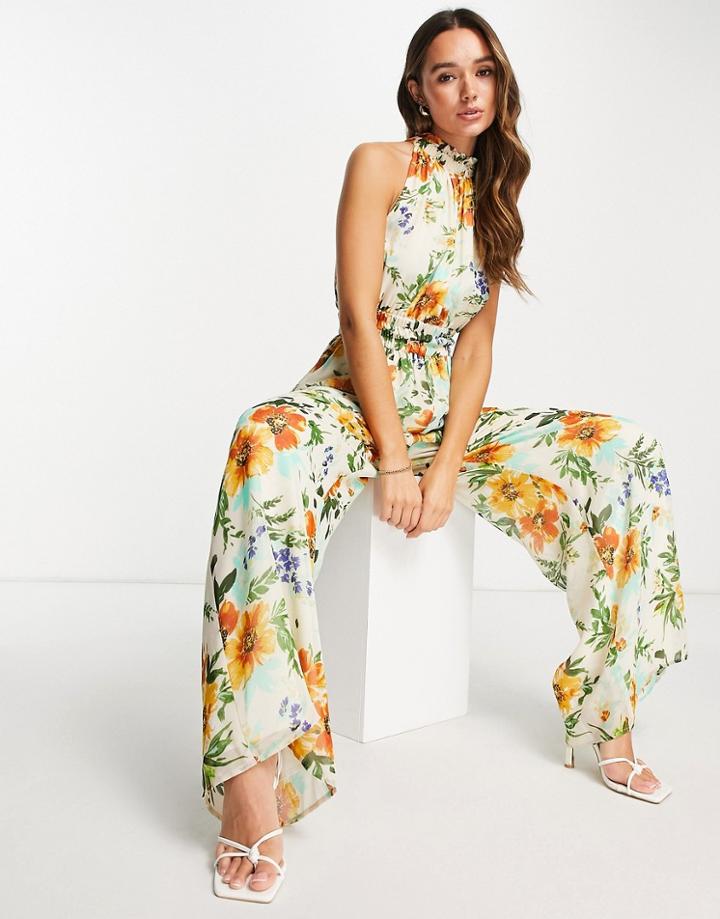Asos Design Halter Neck Wide Leg Jumpsuit In Bright Floral Print-multi