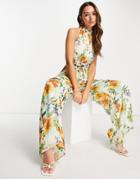 Asos Design Halter Neck Wide Leg Jumpsuit In Bright Floral Print-multi