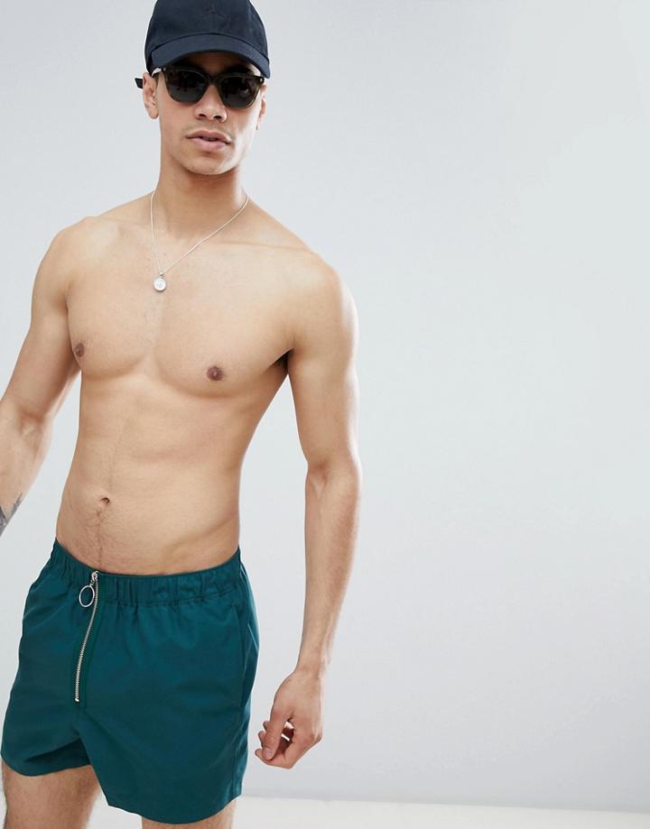 Asos Design Swim Short In Green With Zip Front Fastening In Short Length - Green
