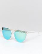 South Beach Blue Cat Eye Sunglasses With Brow Bar And Flash Lens - Blue
