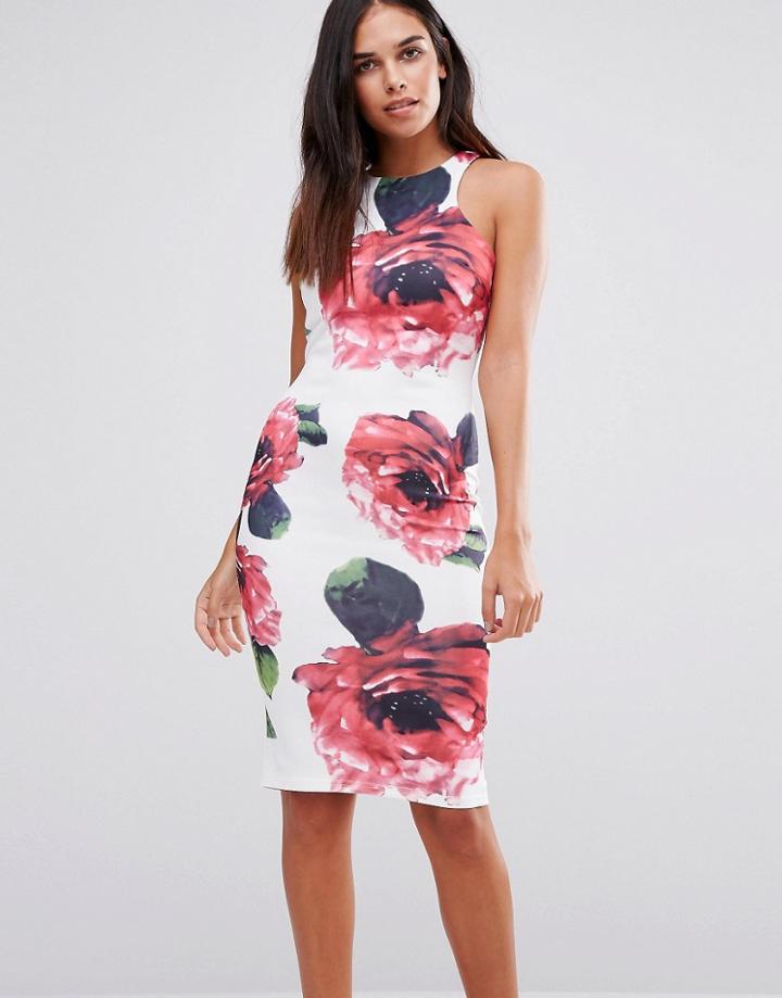 Ax Paris Floral Printed Midi Bodycon Dress - Cream