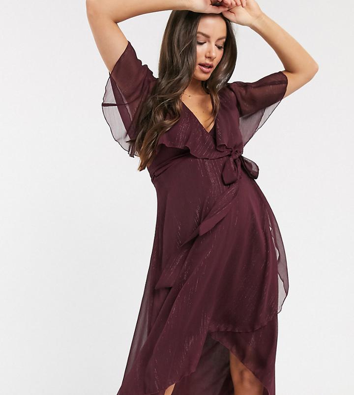 Asos Design Maternity Cape Back Dipped Hem Midi Dress In Metallic Stripe-purple