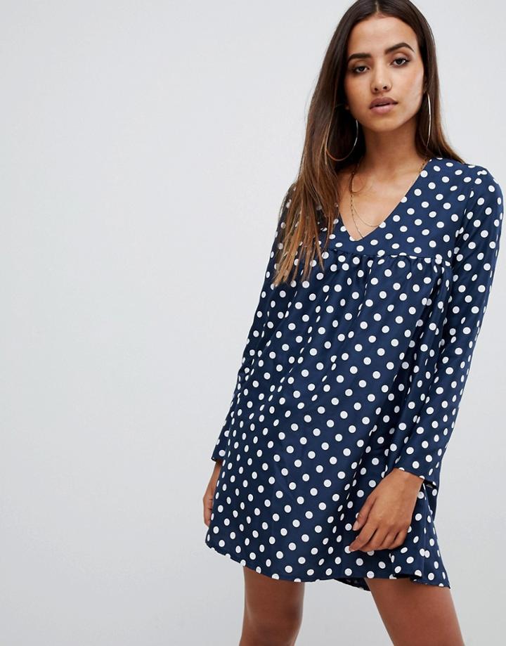 Prettylittlething Smock Dress In Navy Polka - Navy