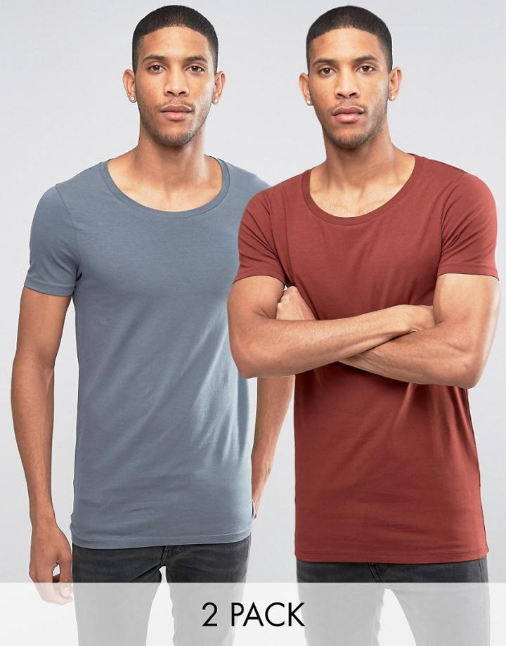 Asos 2 Pack Longline Muscle T-shirt With Scoop Neck In Red/gray - Multi