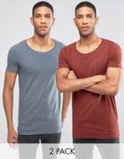 Asos 2 Pack Longline Muscle T-shirt With Scoop Neck In Red/gray - Multi