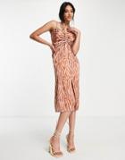 Lola May Ruched Front Cami Midi Dress In Zebra Print-multi