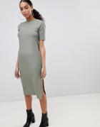 Asos Design Midi T-shirt Dress With Scoop Back And Splits In Slinky Rib - Green