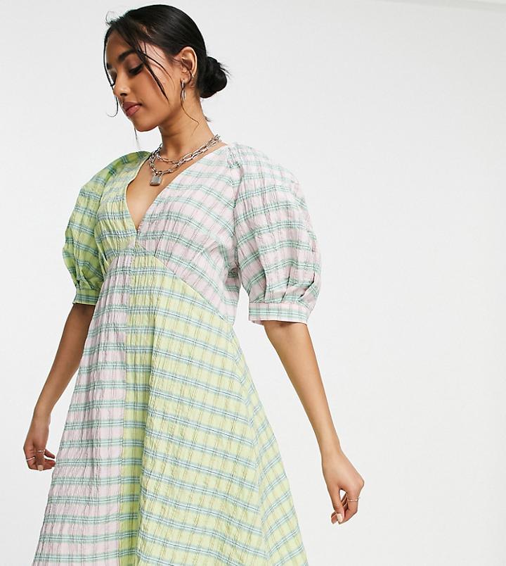 Topshop Petite Mix And Match Check Mini Dress In Yellow And Pink-multi