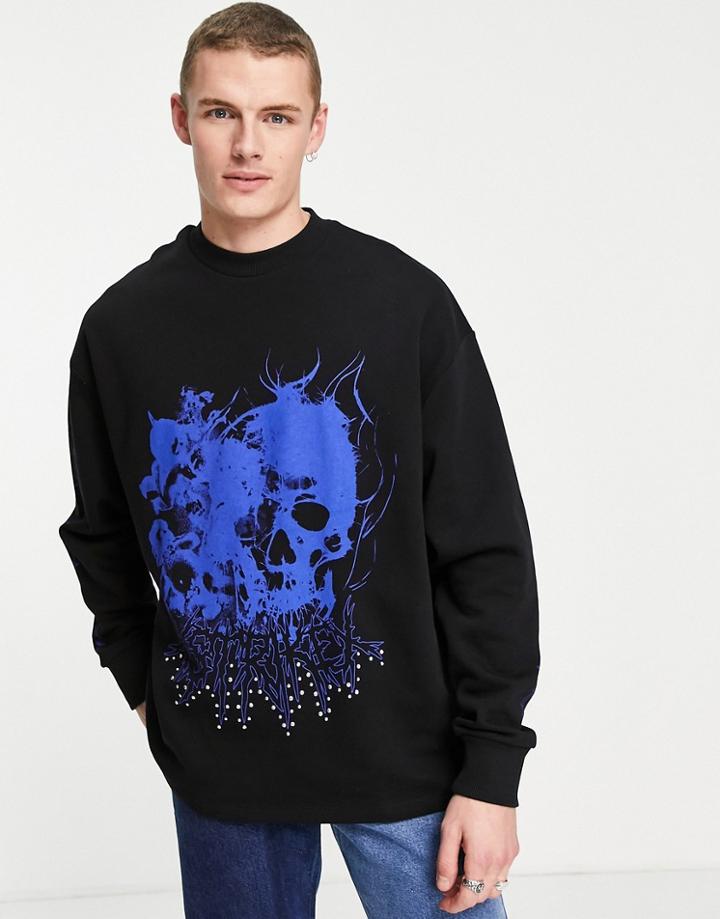 Asos Design Oversized Sweatshirt In Black With Gothic Skull Print And Metal Stud Details