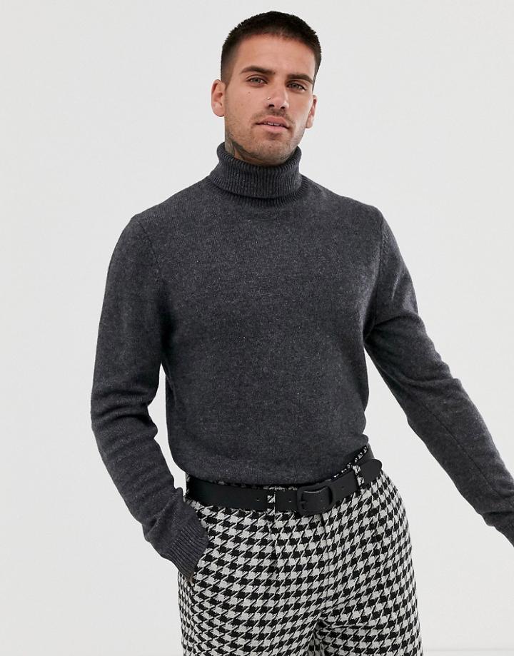 Asos Design Lambswool Roll Neck Sweater In Charcoal-gray