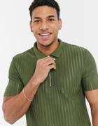 River Island Ribbed Polo In Khaki-green