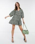 Asos Design Textured Mini V-neck Volume Sleeve Dress In Green Floral