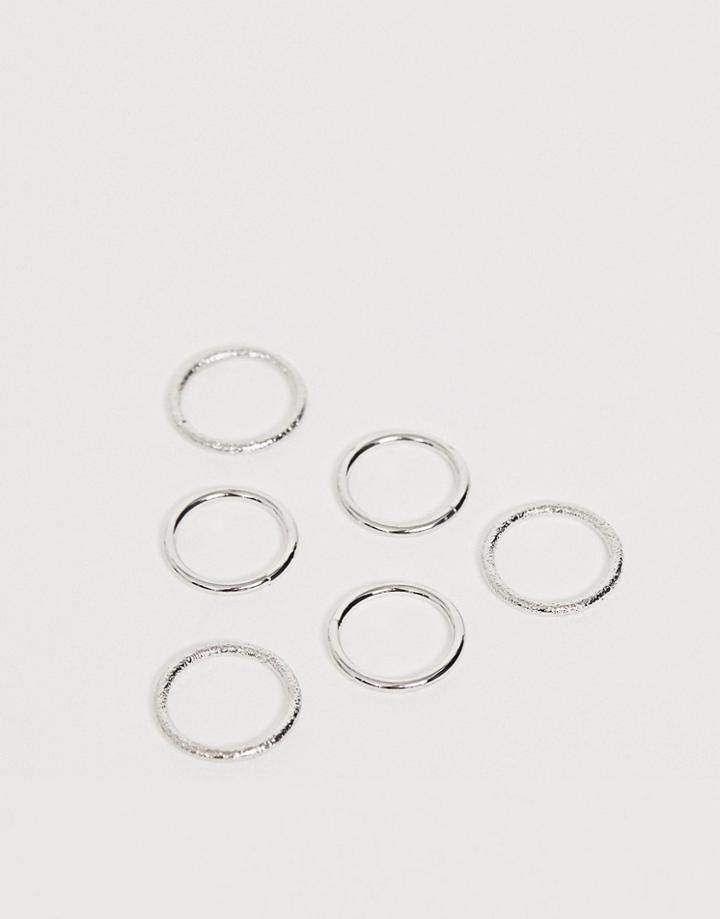 Asos Design Pack Of 6 Rings In Smooth And Texture In Silver Tone