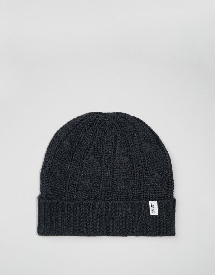 Selected Homme Beanie In Cable Knit - Navy