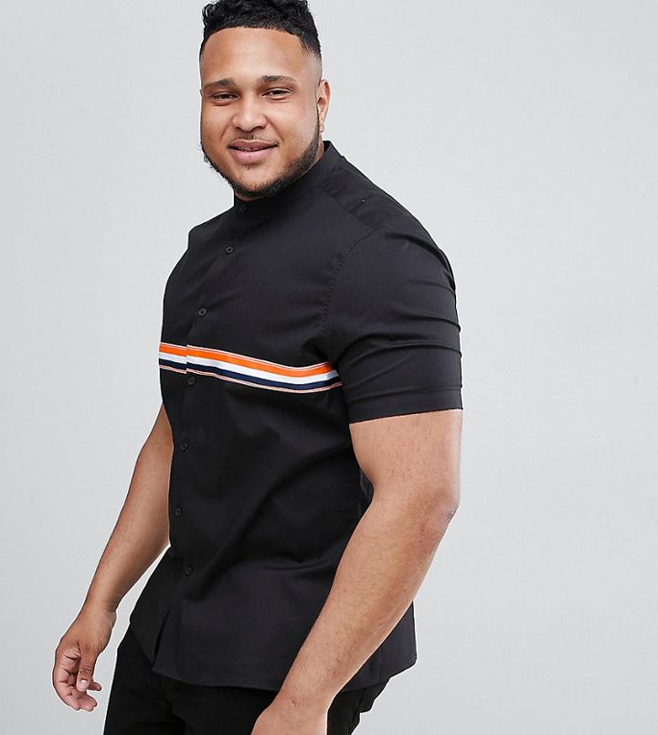 Asos Design Plus Slim Granddad Collar Shirt With Taping In Black - Black