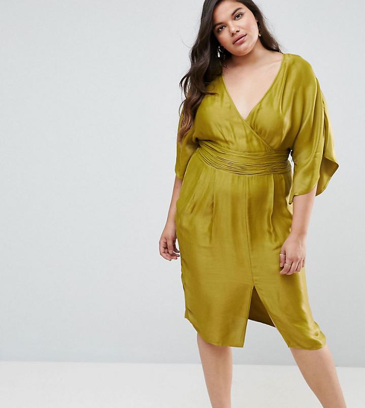 Asos Curve Kimono Sleeve Midi Dress With Pleated Waist - Yellow