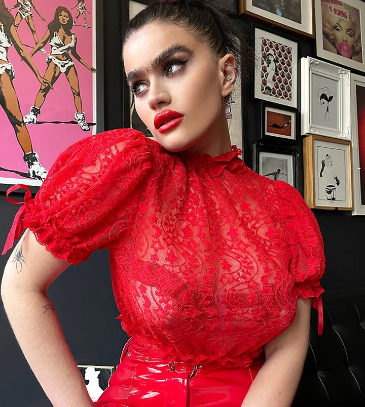 Labelrail X Sophia Hadjipanteli Lace Frill Split Front Top In Red