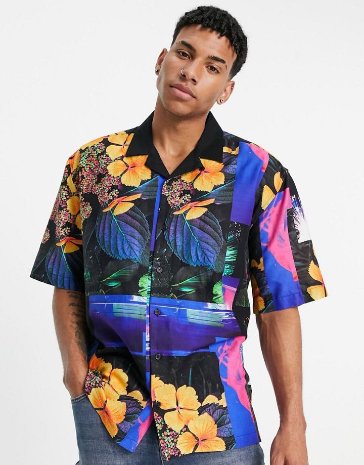 Topman Oversized Short Sleeve Shirt With Floral Print In Black With Contrast Collar