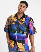 Topman Oversized Short Sleeve Shirt With Floral Print In Black With Contrast Collar