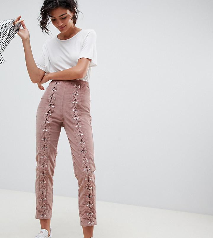 Asos Design Slim Cord Pants With Lace Up Detail - Pink