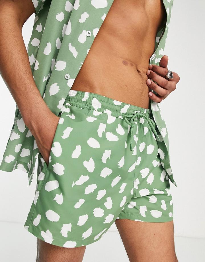 Asos Design Swim Shorts With Polka Dot Print In Khaki Short Length - Part Of A Set-green