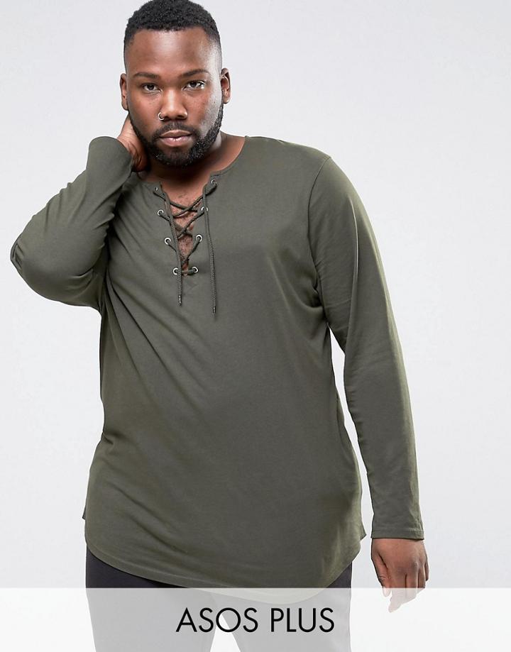 Asos Plus Longline Long Sleeve T-shirt With Lace-up Neck - Green