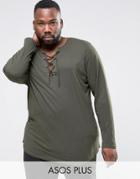 Asos Plus Longline Long Sleeve T-shirt With Lace-up Neck - Green