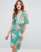 Asos Ruffle Cold Shoulder Floral Wrap Dress - Multi