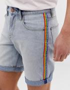 Asos Design Slim Denim Shorts In Light Wash Blue With Rainbow Side Stripe - Blue