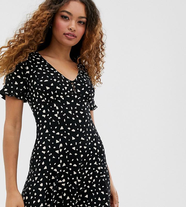 Miss Selfridge Petite Tea Dress With Buttons In Polka Dot-black