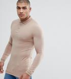 Asos Design Tall Longline Muscle Fit Long Sleeve Polo In Jersey In Beige - Beige