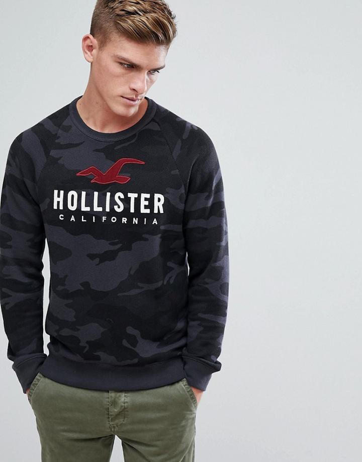 Hollister Crew Neck Sweatshirt Baseball Icon Logo In Charcoal - Cream