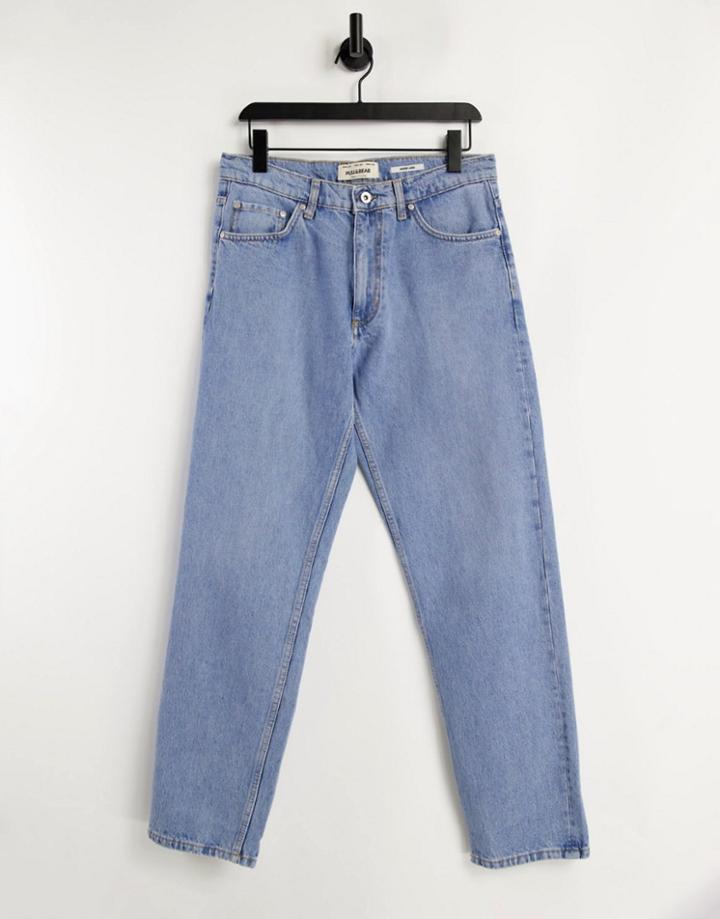 Pull & Bear Wide Leg Jeans In Mid Blue-blues