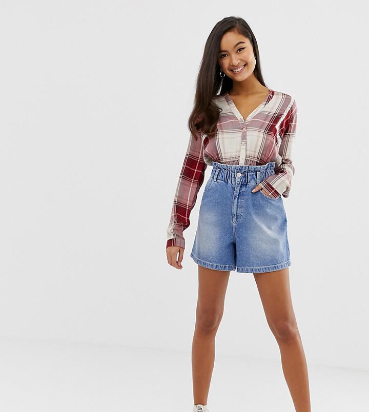 Miss Selfridge Denim Shorts With Elasticated Waist In Mid Wash