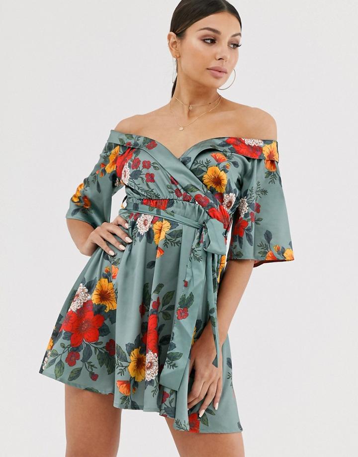 Club L London Bardot Satin Floral Dress-multi